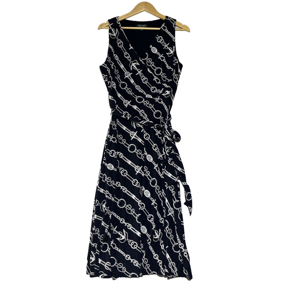 LRL Ralph Lauren Print Faux Wrap Tie Midi Dress 14 Nautical Anchor Logo Print - Picture 1 of 13